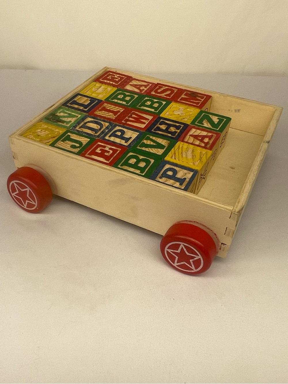 Wooden Alphabet Pull Wagon with Colorful Letter Blocks - Red Wheels